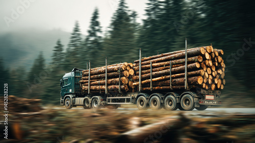 Obraz na płótnie Speeding logging truck hauling timber on rural road with blurred forest background and overcast sky w salonie