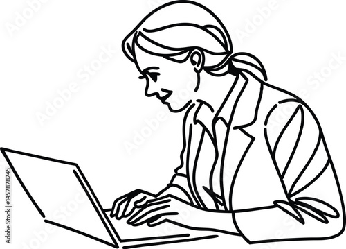 Line Art Illustration Of Woman Working On Laptop Computer With Focus