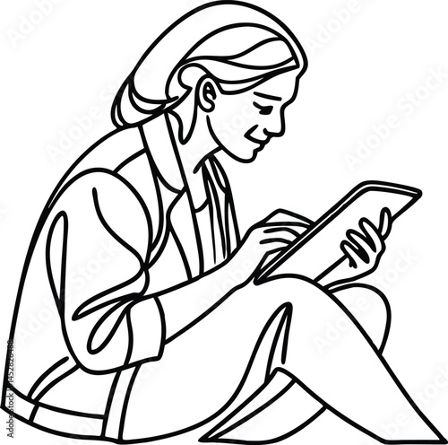 Woman Sitting And Using Tablet Single Line Art Illustration Style
