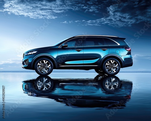 Sleek blue SUV reflected on calm water under a dramatic sky at sunset