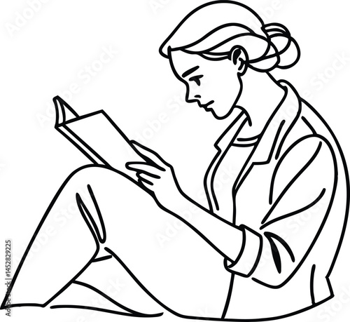 Minimalist Line Art Of A Woman Reading A Book In A Relaxed Position