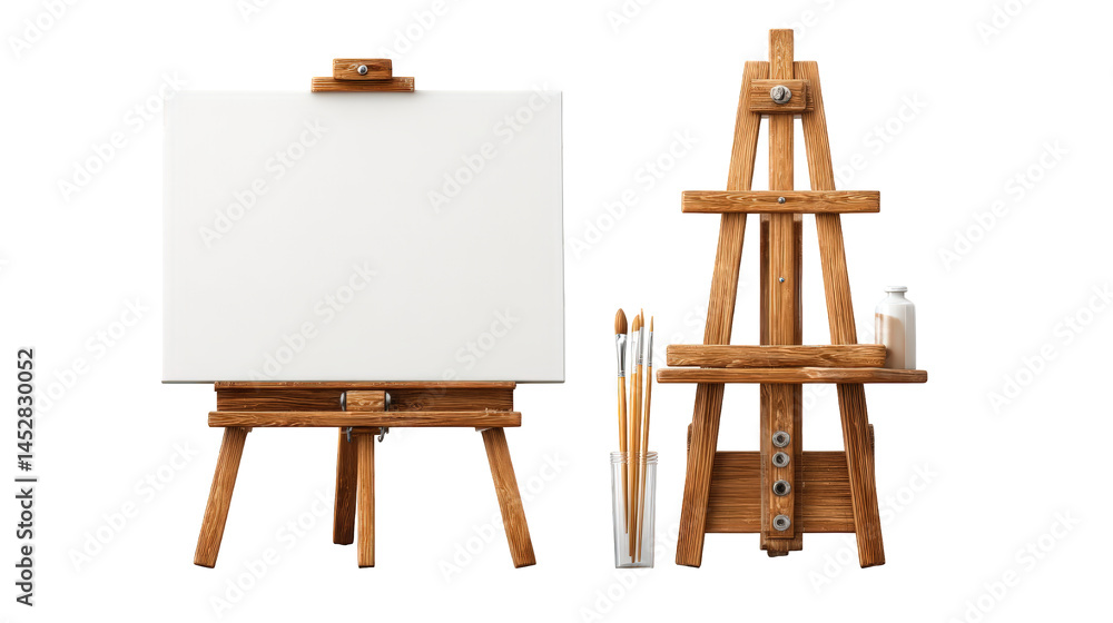 Wooden easels and blank canvas with artist brushes in a cup on white background, natural materials, painting tools concept for creativity and art workspace.