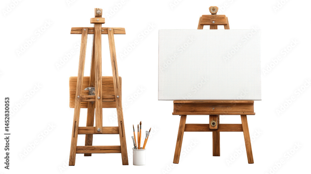 Wooden easels and blank canvas with artist brushes in a cup on white background, natural materials, painting tools concept for creativity and art workspace.