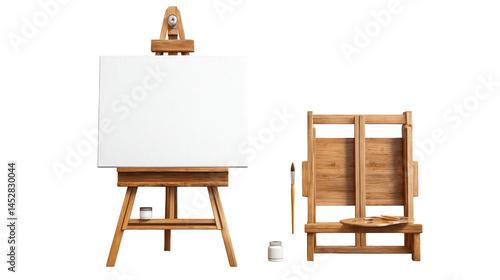 Wooden easels and blank canvas with artist brushes in a cup on white background, natural materials, painting tools concept for creativity and art workspace.