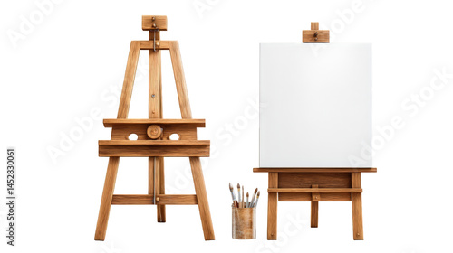 Wooden easels and blank canvas with artist brushes in a cup on white background, natural materials, painting tools concept for creativity and art workspace.