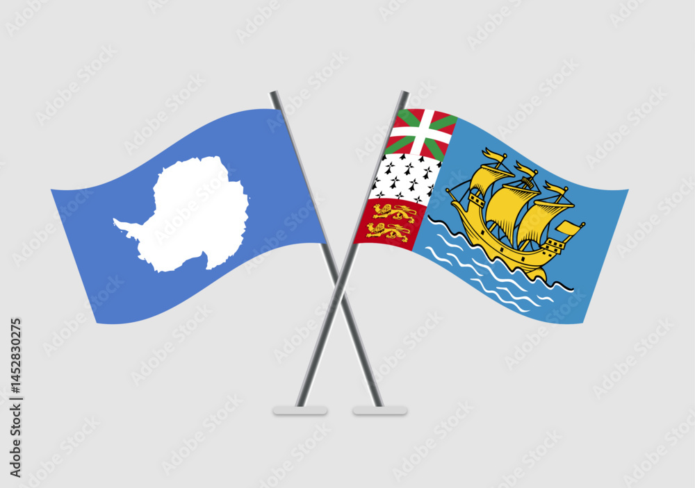 Antarctica and Saint Pierre and Miquelon vector flags on clean light-gray vector field
