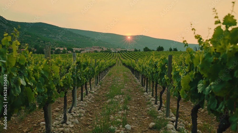 Naklejka premium Vineyard sunset landscape