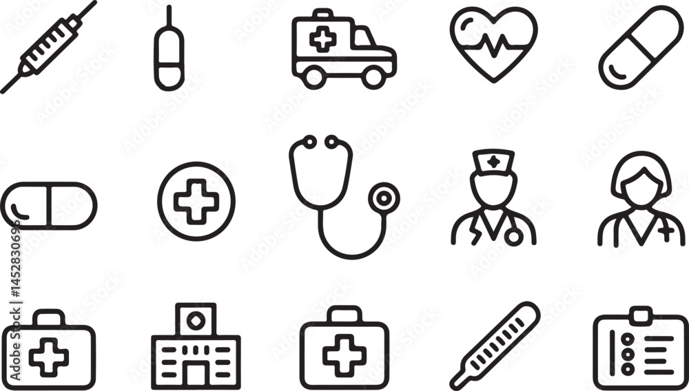 A set of clean, flat vector icons illustrating common hospital and medical healthcare elements A set of clean, flat vector icons illustrating common hospital and medical healthcare elements