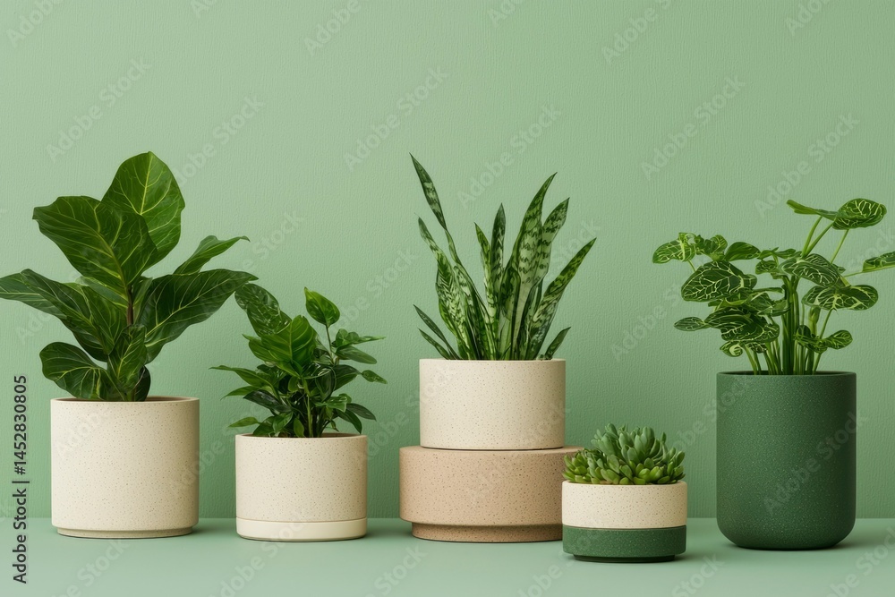 Fototapeta premium Assorted houseplants in minimalist pots sit against a light green backdrop, elegant arrangement