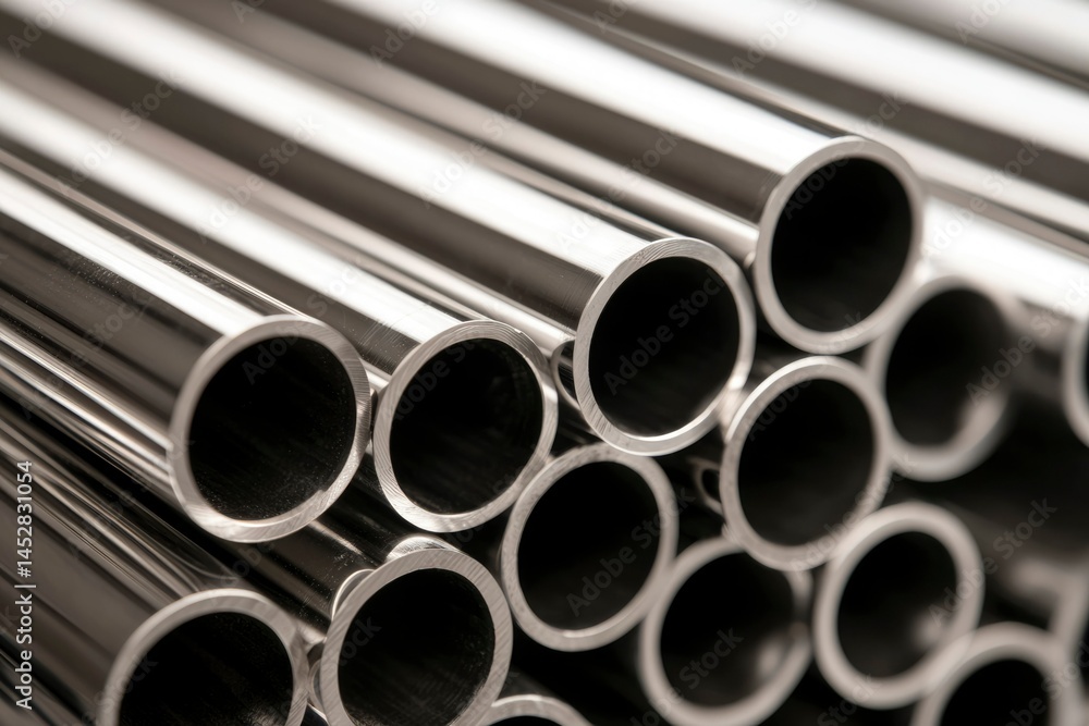 Close-up shows shiny metal tubes piled in a neat, repeating pattern. Light creates reflections Close-up shows shiny metal tubes piled in a neat, repeating pattern. Light creates reflections