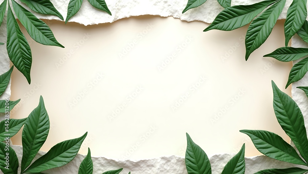 Naklejka premium 3D Green Leaf Frame with Torn White Paper on Textured Background