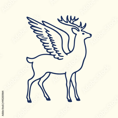 Flying Deer Line Art Silhouette Icon, Majestic Elegant Deer with Wings Illustration Fantasy and Mythological Themes