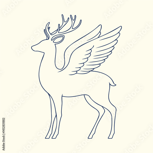 Flying Deer Line Art Silhouette Icon, Majestic Elegant Deer with Wings Illustration Fantasy and Mythological Themes