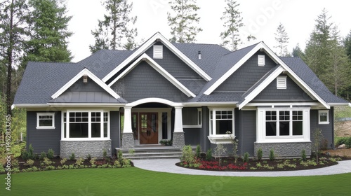 Dream Home Gray Craftsman Style House in Green Landscape.