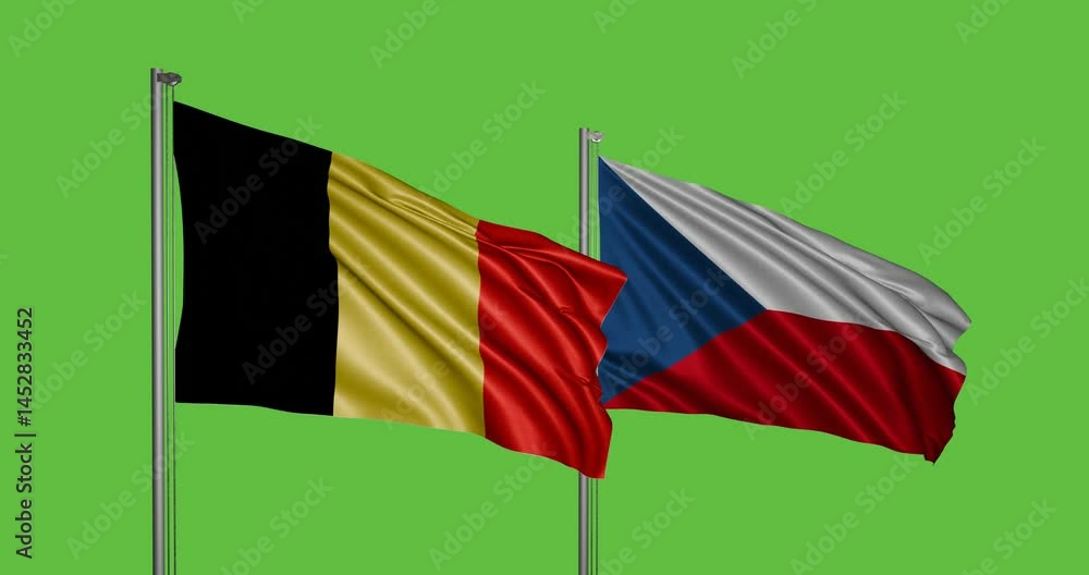Belgium and Czech Republic 3D flags, Elegance in every waving thread, chroma key background