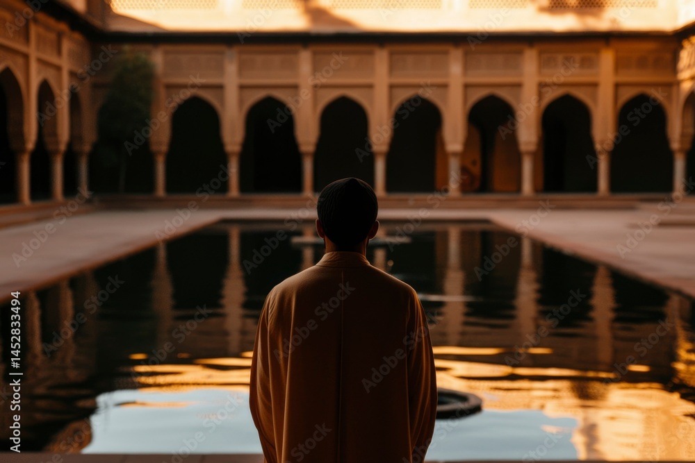 Naklejka premium Person stands, gazing at ornate building reflecting in water, illuminated by golden light