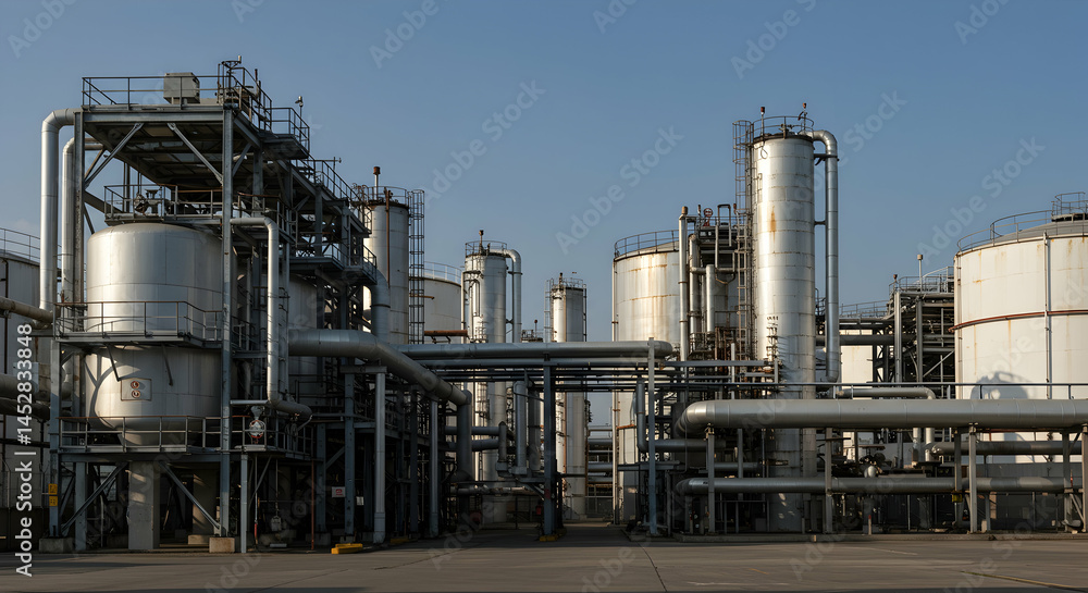 Obraz premium Industrial Facility with Large Tanks and Piping Under Clear Sky