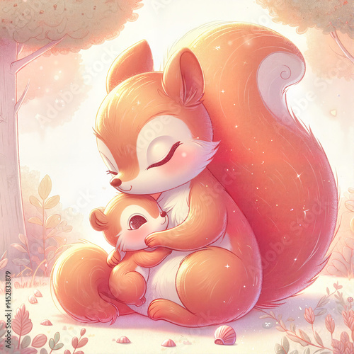 Cute squirrel mother hugging baby squirrel in forest, pastel illustration