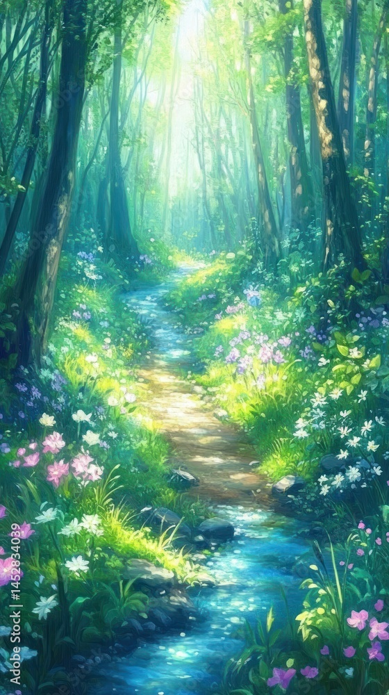 Obraz premium Enchanted forest path with sunlight and stream