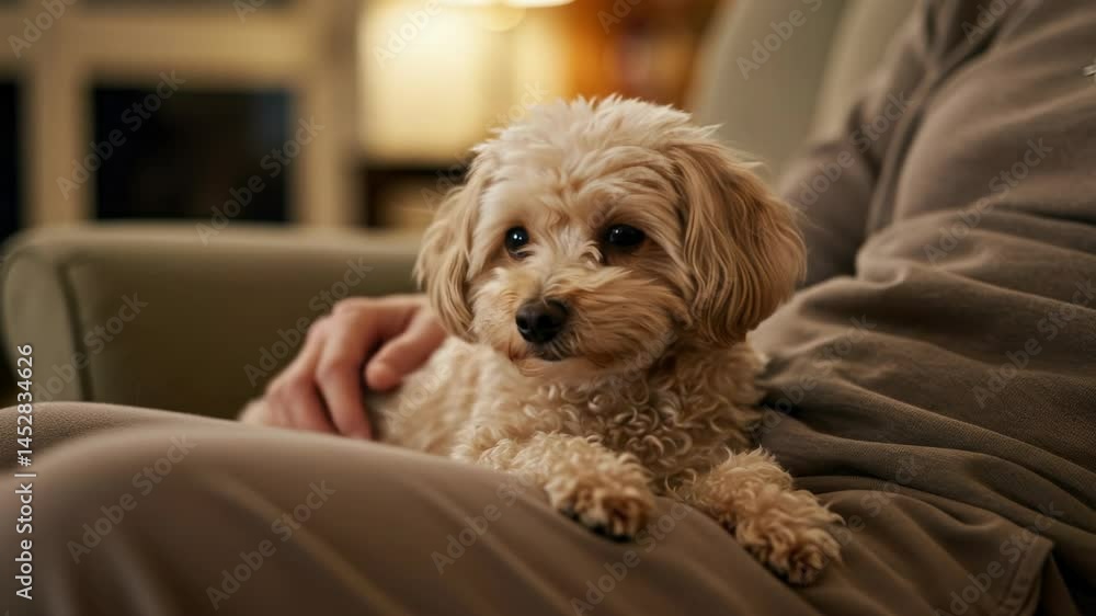 Miniature poodle dog sitting on man's lap in chair Miniature poodle dog sitting on man's lap in chair