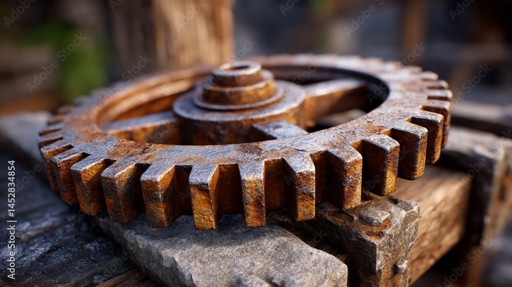 Rusty gear on wooden planks Rusty gear on wooden planks