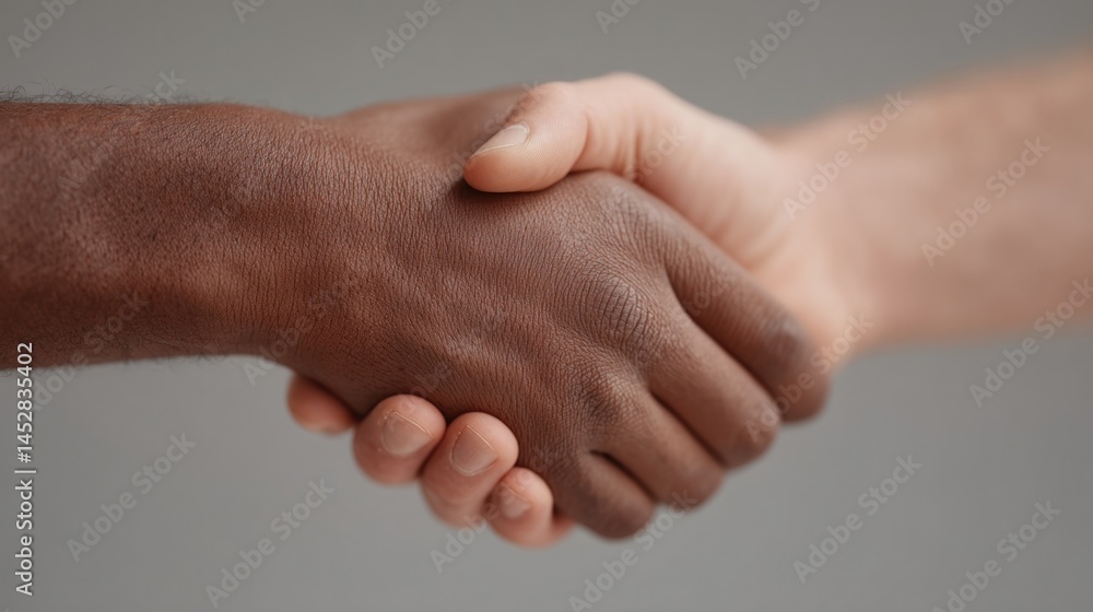two hands of different ethnic backgrounds coming together in handshake over simple neutral background two hands of different ethnic backgrounds coming together in handshake over simple neutral background