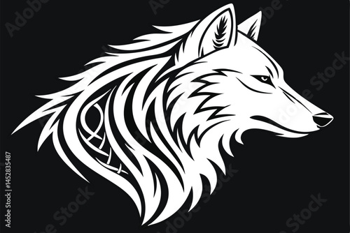 Elegant White Wolf Head Profile with Celtic Knot Design on Black Background, Vector Illustration for Logo or Print.