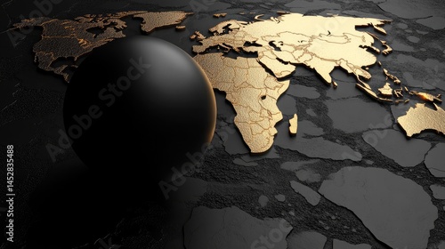 Global Connection Black Sphere on Gold World Map.
