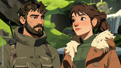 A man and a woman in explorer outfits talking in a stylized forest environment with a warm sunset glow.