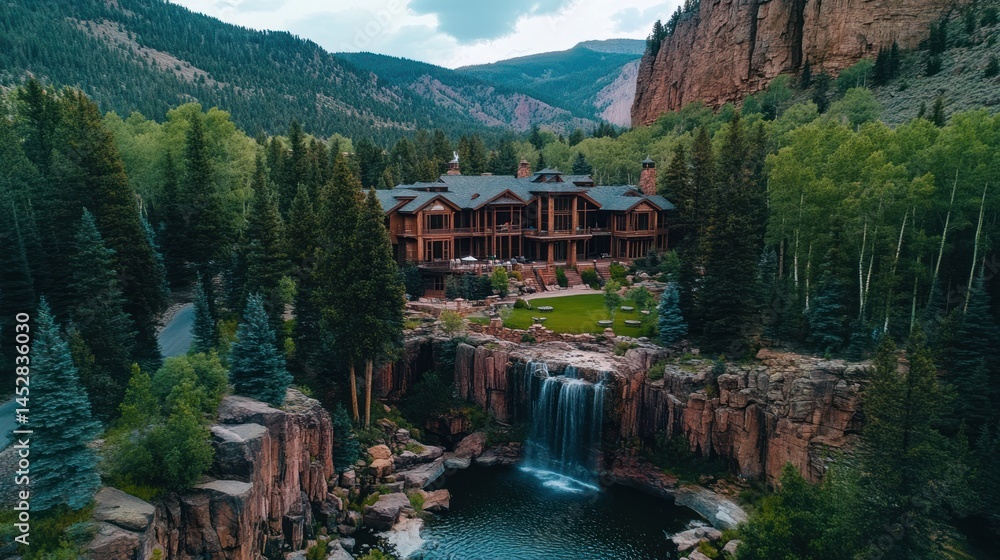 Naklejka premium Mountaintop Mansion with Waterfall