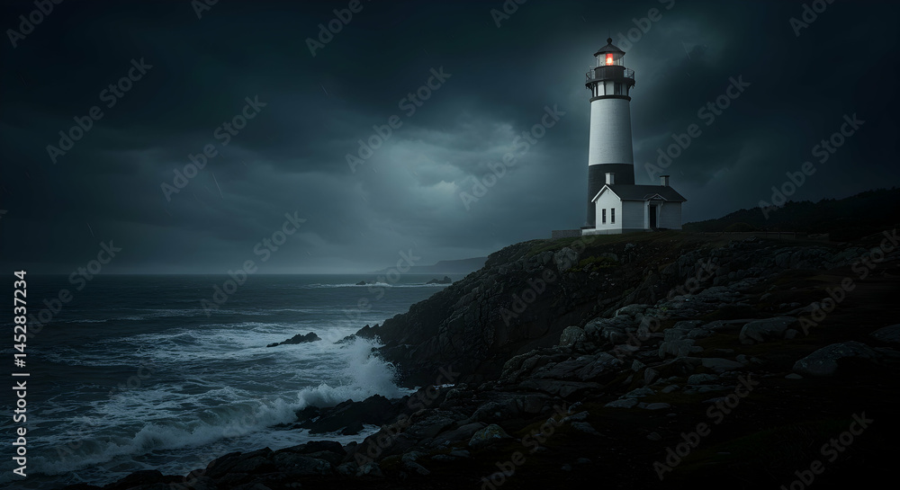 Naklejka premium Dramatic Lighthouse on Rocky Coast Under Stormy Sky at Dusk
