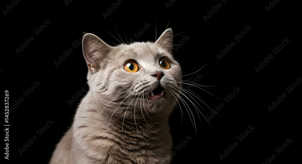 Gray Cat with Bright Eyes Expressing Surprise on Black Background Gray Cat with Bright Eyes Expressing Surprise on Black Background
