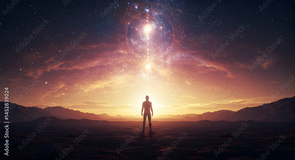 Fototapeta premium Cosmic Exploration and Wonder: A Figure Against the Celestial Sky