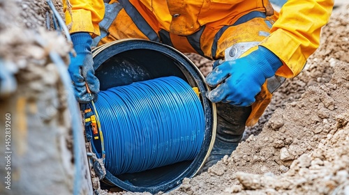 Worker Installing Fiber Optic Cable Underground.