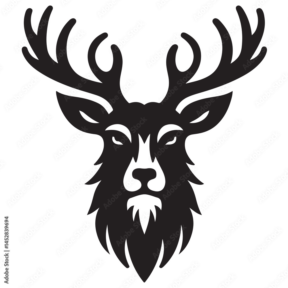 Black and white illustration, deer head silhouette, majestic antlers, minimalist design, elegant profile, stylized wildlife art, sharp contrast, vector graphic style, iconic logo design. Black and white illustration, deer head silhouette, majestic antlers, minimalist design, elegant profile, stylized wildlife art, sharp contrast, vector graphic style, iconic logo design.