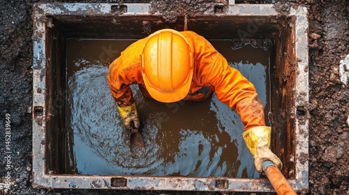 Sewer Worker Cleaning Urban Drainage System.