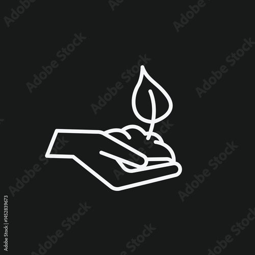 White Outline Icon Hand Holding a Sprout in Soil on Black Background, Representing Growth and Nurturing