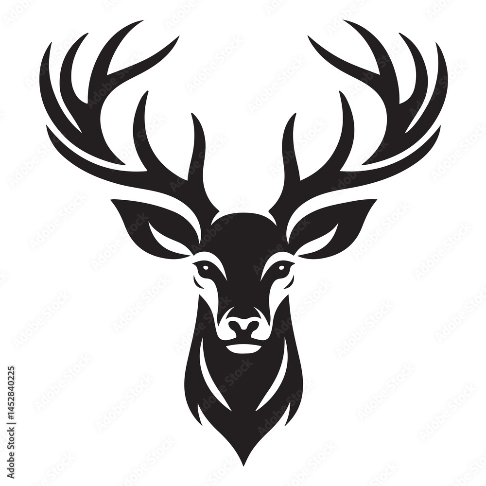 Naklejka premium Black and white illustration, deer head silhouette, majestic antlers, minimalist design, elegant profile, stylized wildlife art, sharp contrast, vector graphic style, iconic logo design.