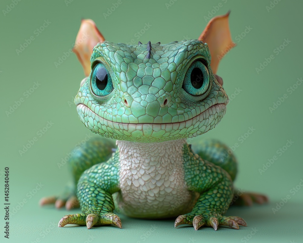 Obraz premium Cute green dragon-like creature posing on a solid background, showcasing its vibrant colors