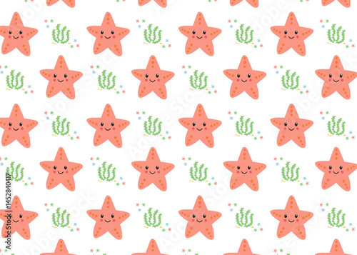 Seamless pattern with smiling starfish and green seaweed in flat cartoon style. Cute marine background for kids fabric, packaging, wallpaper and summer baby decor.