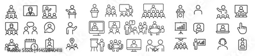 Collection of line icons depicting various professional activities and communication scenarios in a conference or meeting setting