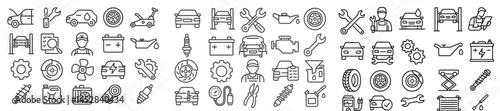 Collection of automotive service icons depicting various tools, vehicles, and repair activities in a clean, minimalist design