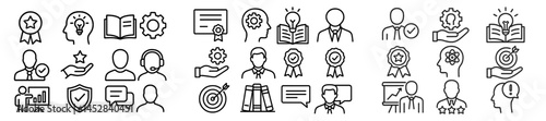 Various icons representing different professional skills and achievements in a business and education context