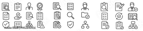 Icons representing various activities in professional environments focusing on organization, evaluation, and productivity tasks