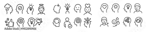 Icon collection displaying diverse human emotions, ideas, and expressions in simple line art style