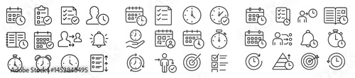 Collection of minimalist time management icons for planning and organization in a professional setting