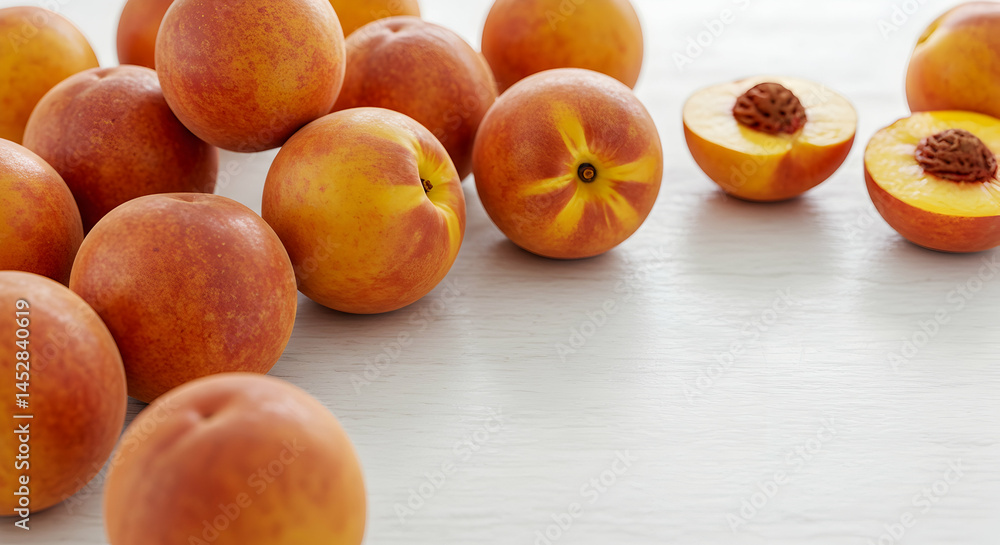 Fresh Ripe Peaches with Halved Fruit on Wooden Surface Background