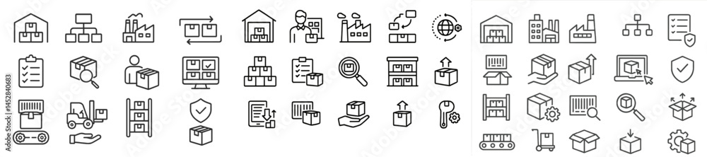 Collection of warehouse and logistics icons depicting various activities in supply chain management and inventory tracking Collection of warehouse and logistics icons depicting various activities in supply chain management and inventory tracking