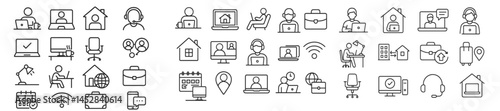 Collection of detailed vector icons representing various aspects of remote work and virtual collaboration