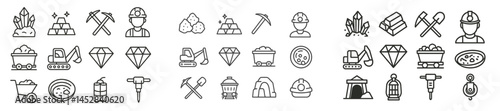 Icons representing mining activities and equipment for resource extraction in various environments